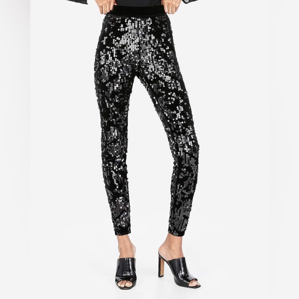 EXPRESS Sequin Velvet Black Pants Leggings‎ Stretchy Size M Holiday Party Event